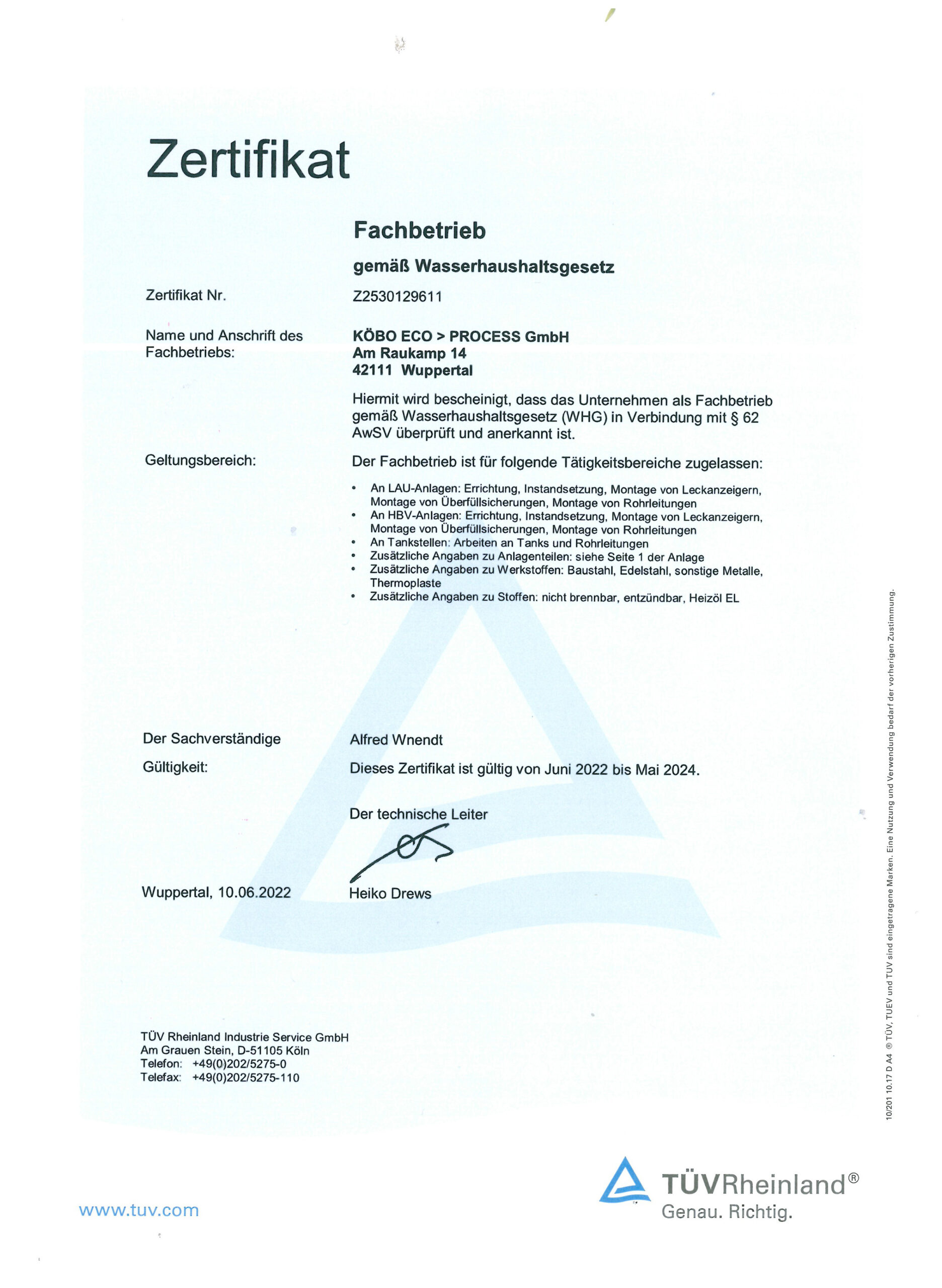 Zertifikat Fachbetrieb gemäß Wasserhaushaltsgesetz – KÖBO ECO>PROCESS GmbH